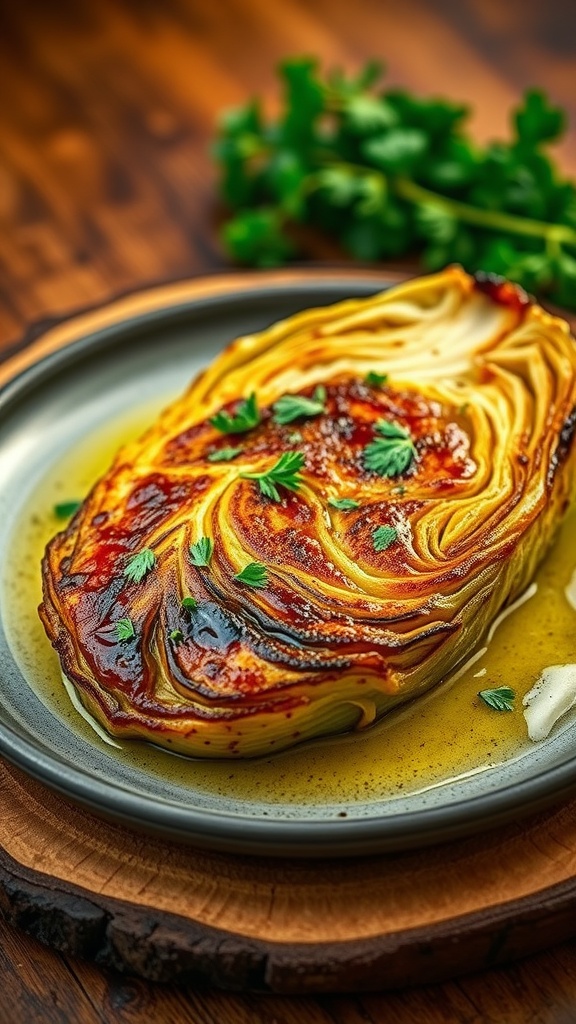 Oven-roasted cabbage steak with caramelized edges, garnished with parsley on a rustic plate.